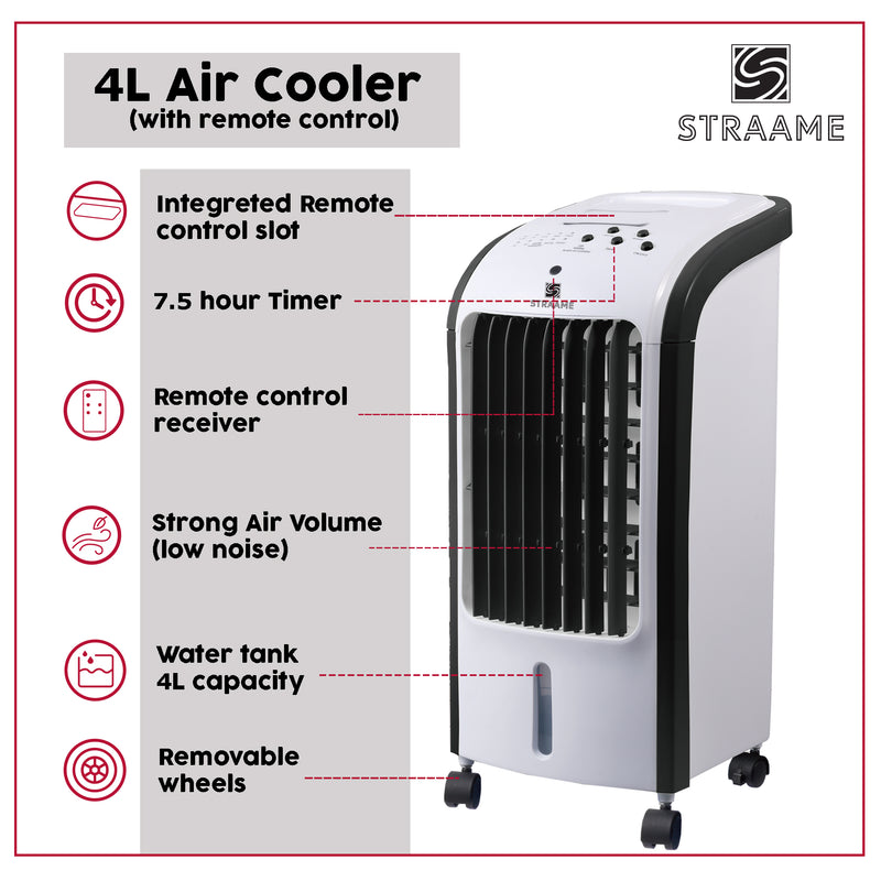 Straame Portable Air Cooler with Humidifier Function, 4L Water Tank, Advanced Cooling System with Ice Pack
